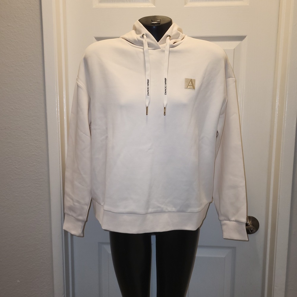 A|X Armani Exchange Women's Long-Sleeve Hooded Sweatshirt Sze-S Ivory MSRP $130